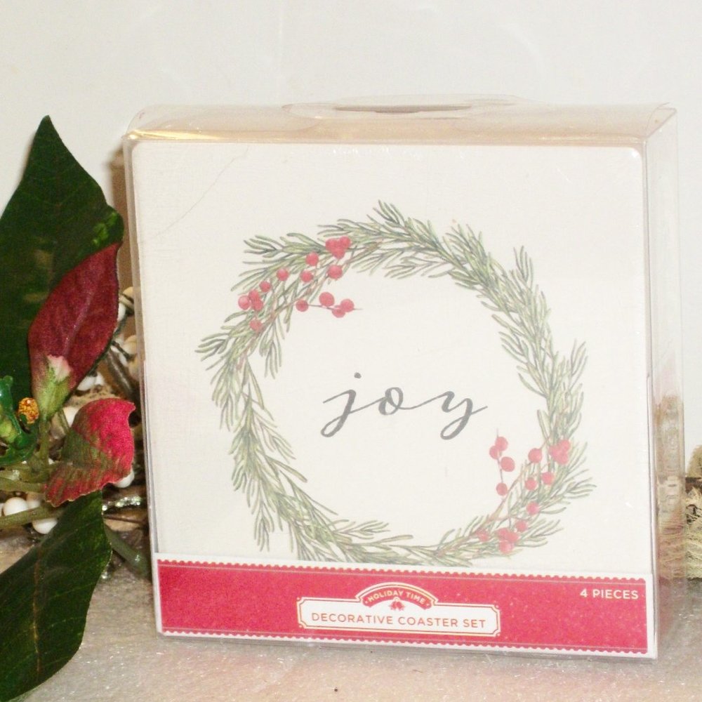 Holiday Time Decorative Coasters NEW Set of 4 Joy Wreath & Christmas Tree